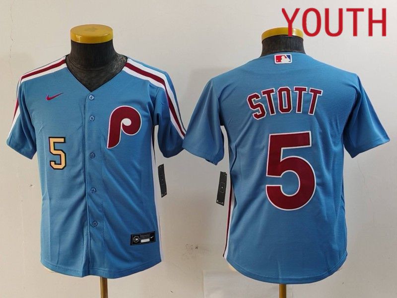 Youth Philadelphia Phillies #5 Stott Blue Throwback 2024 Nike MLB Jersey style 1->youth mlb jersey->Youth Jersey